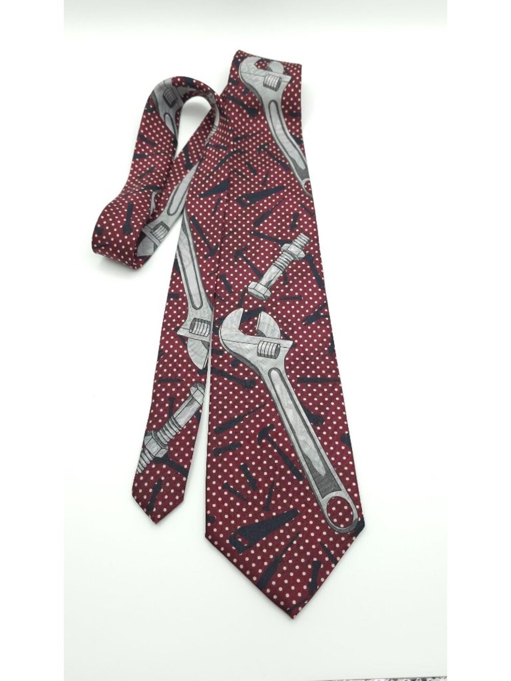 Home Improvement Giant Wrench Novelty Tie Red With Polka Dots & Tools Design